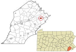 Location of Malvern in Chester County, Pennsylvania (left) and of Chester County in Pennsylvania (right)
