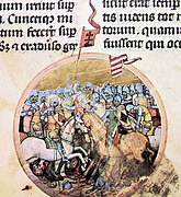 San Ladislao en la Batalla de Mogyoród. Miniatura de la Képes Krónikában (1358).