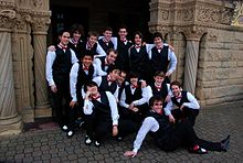 Sixteen young men in tuxedoes stand and squat and with arms around each other in front of ornate sandstone pillars.