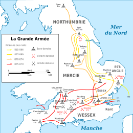 Carte montrant les déplacements de la Grande Armée, d'abord concentrés en Northumbrie et en Est-Anglie entre 865 et 870, puis principalement dans le Wessex après cette date