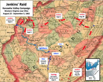 Old map showing positions of Union and Confederate armies, including the circular route made by Jenkins