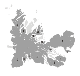 Carte des îles Kerguelen avec la localisation des principales péninsules : en 12, la presqu'île d'Entrecasteaux.