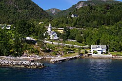 View of the village with Lavik Church