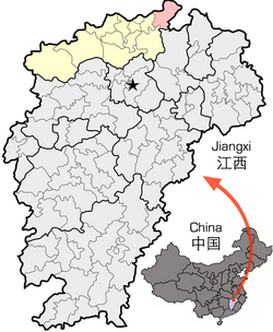 Location of Pengze County (red) within Jiujiang City (yellow) and Jiangxi