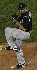 Jason Marquis pitching for the Colorado Rockies in a game on August 19, 2009.