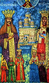 Neagoe Basarab, Milica Despina and his children pictured on the murals of the Curtea de Argeş Monastery.