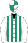 White, emerald green striped, white sleeves, white cap, emerald green quartered