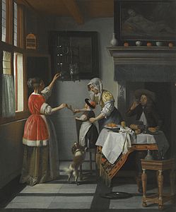 Intérieur avec un enfant en train de nourrir un perroquet, 1668-1672.