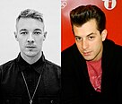 Black and white photo of Diplo next to a photo of Mark Ronson wearing a red shirt and blazer on a red background