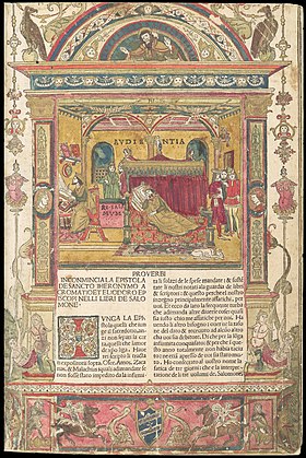 Page from the Malermi Bible in the Metropolitan Museum of Art, printed text, with hand-coloured woodcut illustrations, 1490