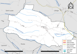 Carte en couleur présentant le réseau hydrographique de la commune