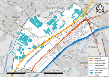 Carte en couleur présentant le réseau hydrographique de la commune