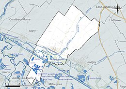 Carte en couleur présentant le réseau hydrographique de la commune