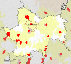 Localisation de l'aire d'attraction du Creusot dans le département de Saône-et-Loire.