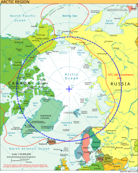 Carte de l'Arctique avec le cercle polaire arctique en bleu et l'isotherme à 10 °C du mois de juillet en 2002 (ligne rouge).