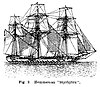 Line drawing of a square-rigged sailing ship with three masts