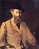 A bearded gentleman in elegant late 19th century attire holds a palette and several paintbrushes while looking straight ahead. He is lit sharply from the viewer's left, and appears to be emerging from the darkness.