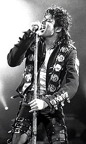 A black and white photo of Michael Jackson performing in Wiener Stadion venue in Vienna, Austria on June 2, 1988.