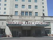Main entrance of the Westward Ho Hotel. The hotel was built in 1928 and is located at 618 N. Central Avenue. On November 3, 1960, Senator John F. Kennedy made a campaign speech during a Westward Ho Hotel Democratic Breakfast.[39]