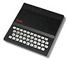 Top-down view of the Sinclair ZX81 computer, a black box with a keyboard at one end and the words Sinclair in black letters and ZX81 in red