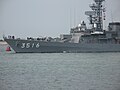 The OTO-Melara 76mm mounting is seen in this photograph of the Japanese Asagiri class destroyer Asagiri, formerly DD 156, renumbered TV 3516, seen here on 28 July 2008 departing from Portsmouth Naval Base, UK.