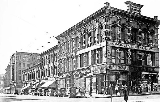 NE portion of Temple Block at SW corner of Temple (r) and Main (l), 1924