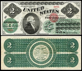 Two-dollar United States Note from the series of 1862–63 at Greenback (money), by the American Bank Note Company