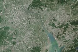 2014 satellite view of the Pearl River Delta from the NASA Earth Observatory
