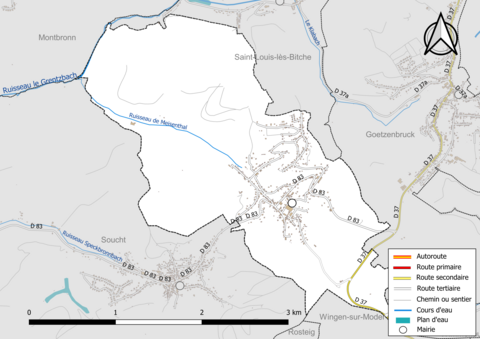 Carte en couleur présentant le réseau hydrographique de la commune