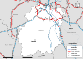 Carte du réseau routier national (autoroutes et routes nationales) dans le département de l'Essonne