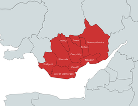Image showing the ten local authorities of the Cardiff Capital Region in red, within south east Wales in grey.