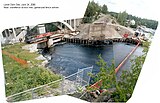 Images indicate snow fence erected to prevent kayaks and rafts from intentionally descending the chute of the dam as had been past practice