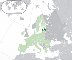 Location of Latvia (dark green) – in Europe (green & dark grey) – in the European Union (green)  –  [Legend]