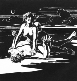 An illustration by Ernst Stöhr, featuring a vampire woman pinning down a man