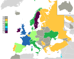 Mapa dos países da Europa, Norte da África e Ásia Ocidental, com inserções de Austrália e Jugoslávia no canto superior direito, coloridos para indicar seu recorde de vitórias: os países sem vitórias são coloridos em cinza escuro; os outros países são coloridos da seguinte forma: 1 vitória em amarelo, 2 vitórias em verde claro, 3 vitórias em verde neon; 4 vitórias em azul-petróleo; 5 vitórias em azul; 6 vitórias em roxo; 7 vitórias em roxo escuro