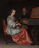 Woman at a virginal with a cittern on her lap, accompanied by a man, 1669