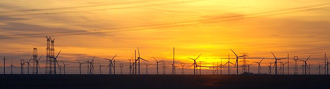 Coucher de soleil sur le parc éolien de Guazhou, en Chine, qui comprend plus de 200 éoliennes.