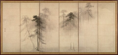 Left panel of the Pine Trees screen (松林図 屏風, Shōrin-zu byōbu), c. 1595, six-fold screen, ink on paper, National Treasure.