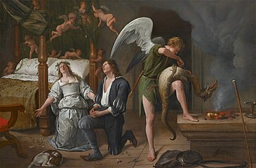 The wedding of Tobias and Sarah: Raphael binds the demon. Jan Steen, c. 1660