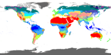 خريطة المناطق المناخية في العالم، تتأثر إلى حد كبير بخطوط العرض. المناطق بدءاً من خط الاستواء إلى الأعلى وإلى الأسفل هي المناطق الاستوائية والجافة والمعتدلة والقارية والقطبية، ثمة مناطق فرعية داخل هذه المناطق الرئيسية.