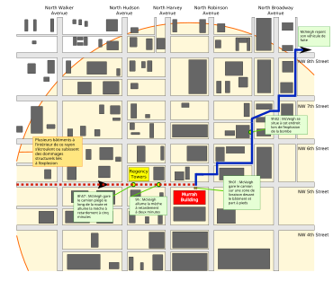 Plan des bâtiments d'Oklahoma City : des flèches indiquent le chemin du terroriste pour poser la bombe puis fuir la scène de crime. Le rayon dans lequel les bâtiments ont été détruits est indiqué.