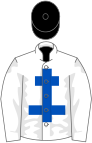 White, royal blue cross of lorraine, black cap