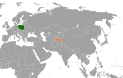 Map indicating locations of Poland and Tajikistan