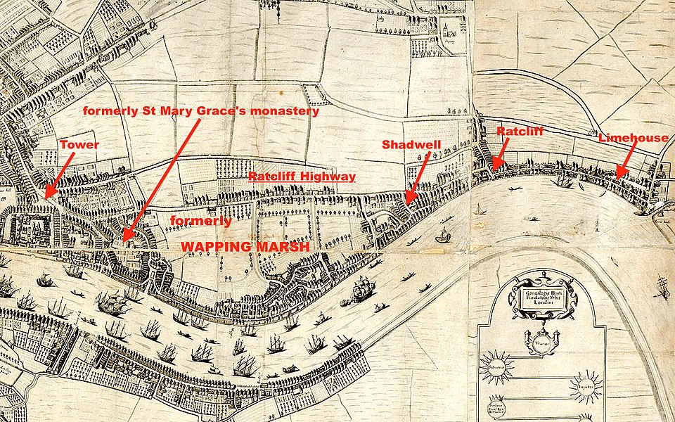 Port of London by 1660. Ribbon development along wall; cattle graze on Wapping Marsh, by now inned. (Base map by Fairthorne and Newcourt, an early quasi-realistic map of the region)