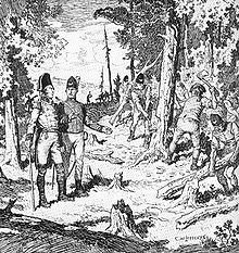 A black and white sketch showing two high ranking British officers onlooking as several soldiers chop trees with axes to widen a path through a forest.