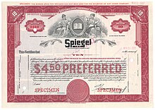 A specimen stock certificate from Speigel, Inc. dating back to the 1930s.