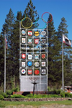 Monument from the 1960 Winter Olympics at the entrance to Olympic Valley