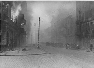 NARA copy #29, IPN copy #28 Transporting of Jews onward Column heading North to Umschlagplatz on Zamenhofa Street, with burning Zamenhofa 25 / Wołyńska 2 on the left.