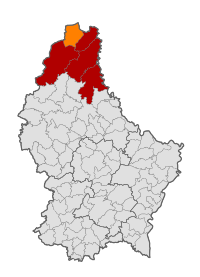 Map of Luxembourg with Troisvierges highlighted in orange, and the canton in dark red