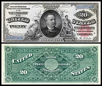 Twenty-dollar silver certificate from the series of 1886, by the Bureau of Engraving and Printing